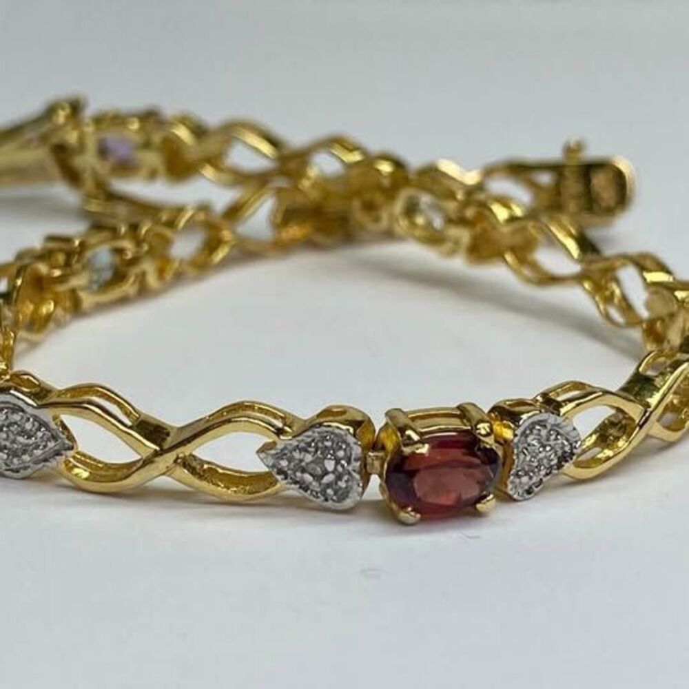 Vintage HAN Gold Plated Sterling Bracelet Multi Color Stones, Hearts (7 1/2 in)